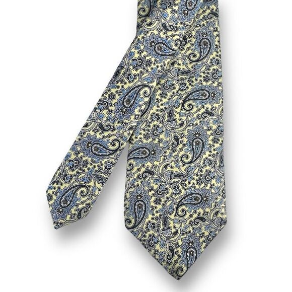 Christian Dior Men's Micro Paisley Neck Tie Blue Pastel Yellow Luxury Silk - Picture 1 of 4